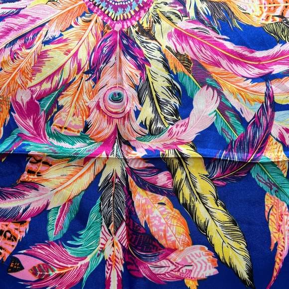 M.O.S.I. Scarf Bright Feathers Peacock Crown Pink Blue 34" Square Silky MOSI - Picture 4 of 5